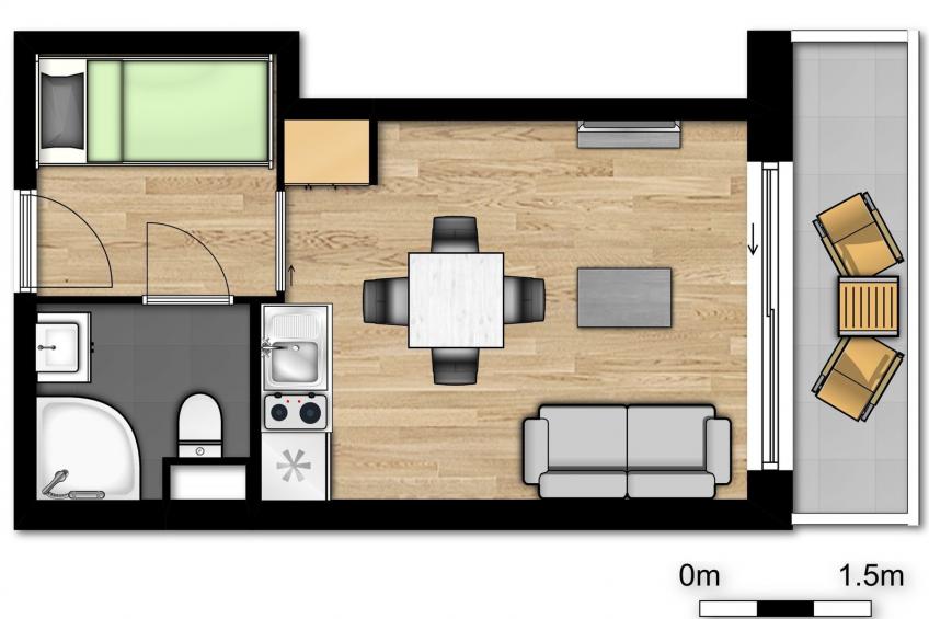 Standard studio for 4 people with sofa bed and balcony